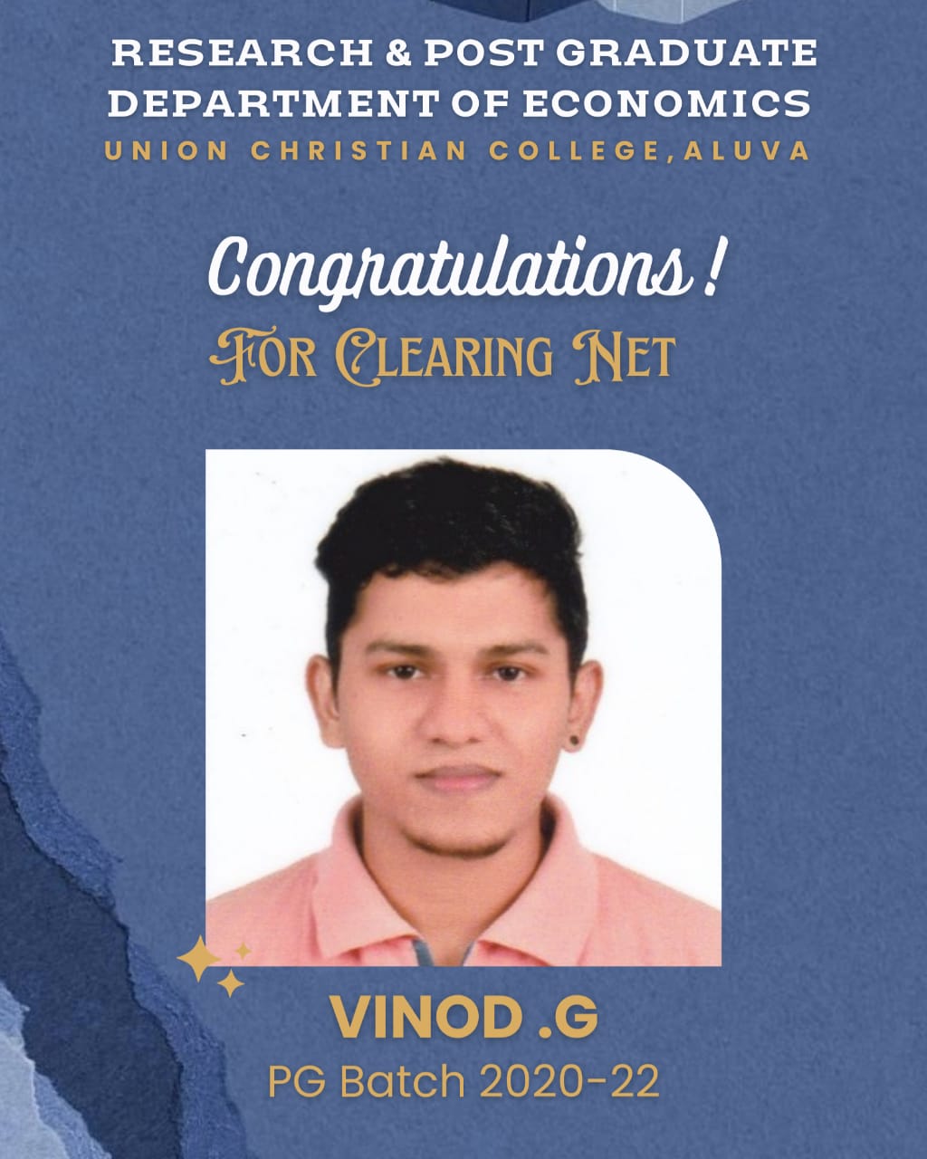 Department Congratulates Vinod G for clearing UGC NET