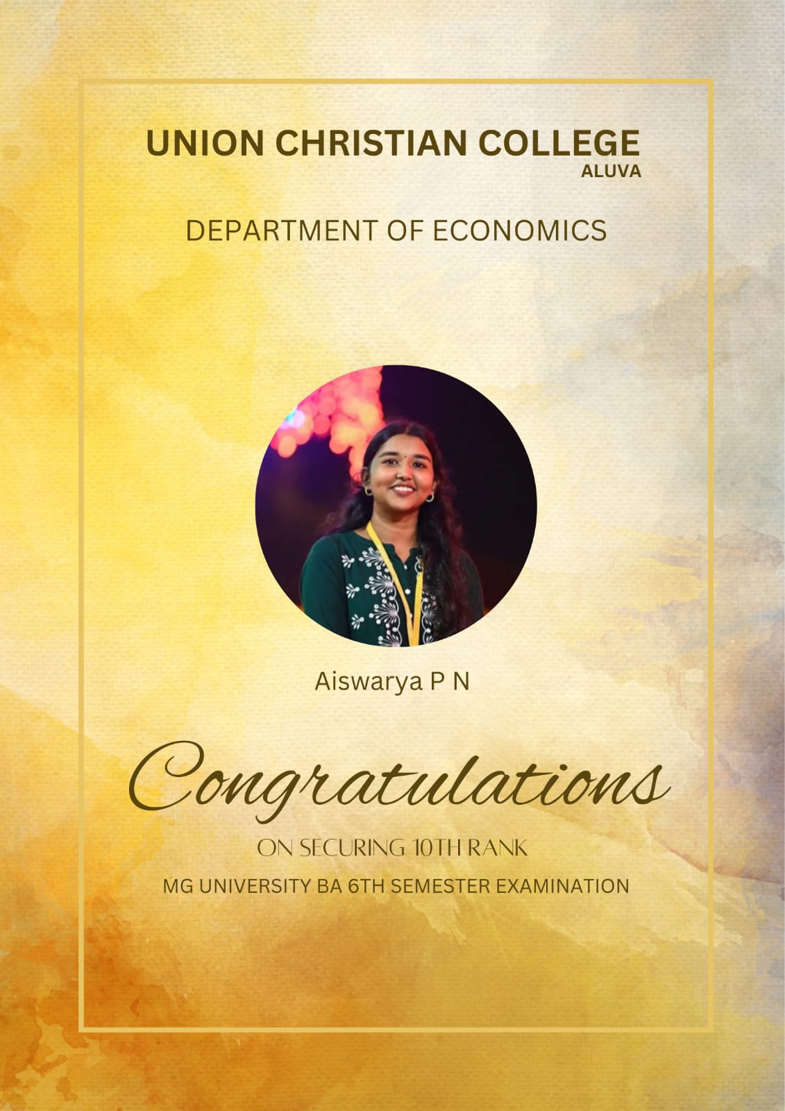 Ms Aiswarya P N bags tenth rank in the MG University Degree Examination