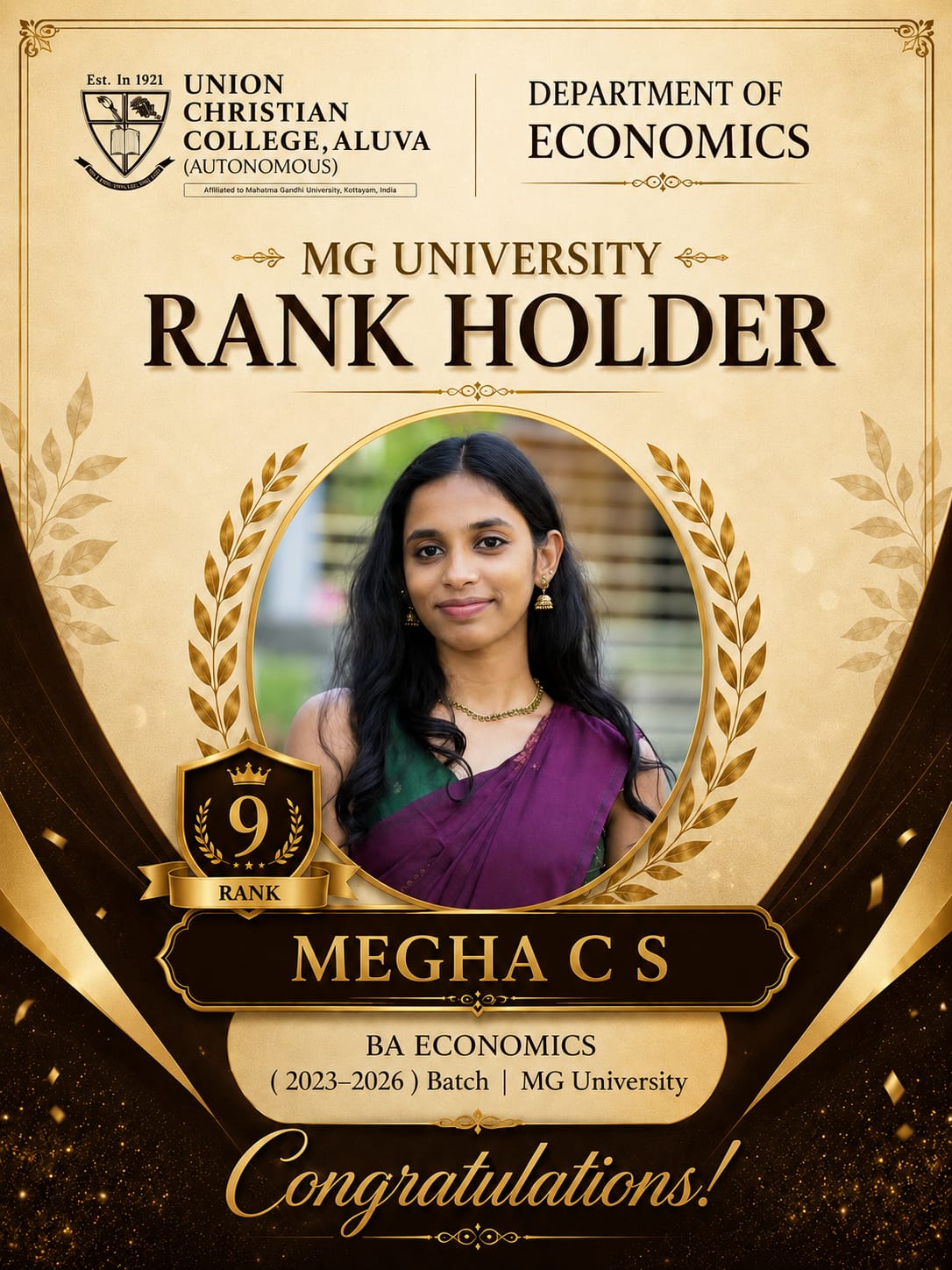 Congratulations to the UG Rank Holder